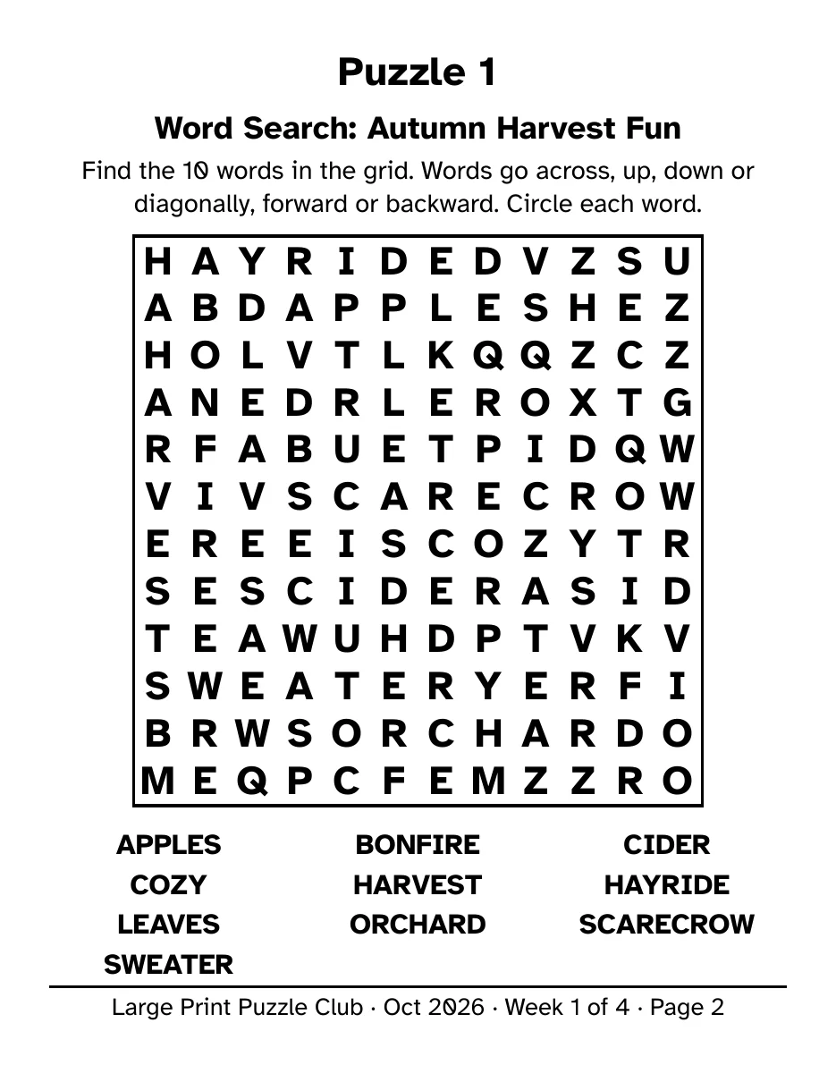 One full page from the October 2026 pack: a 12 by 12 word search in 30-point letters, with the word list below the grid