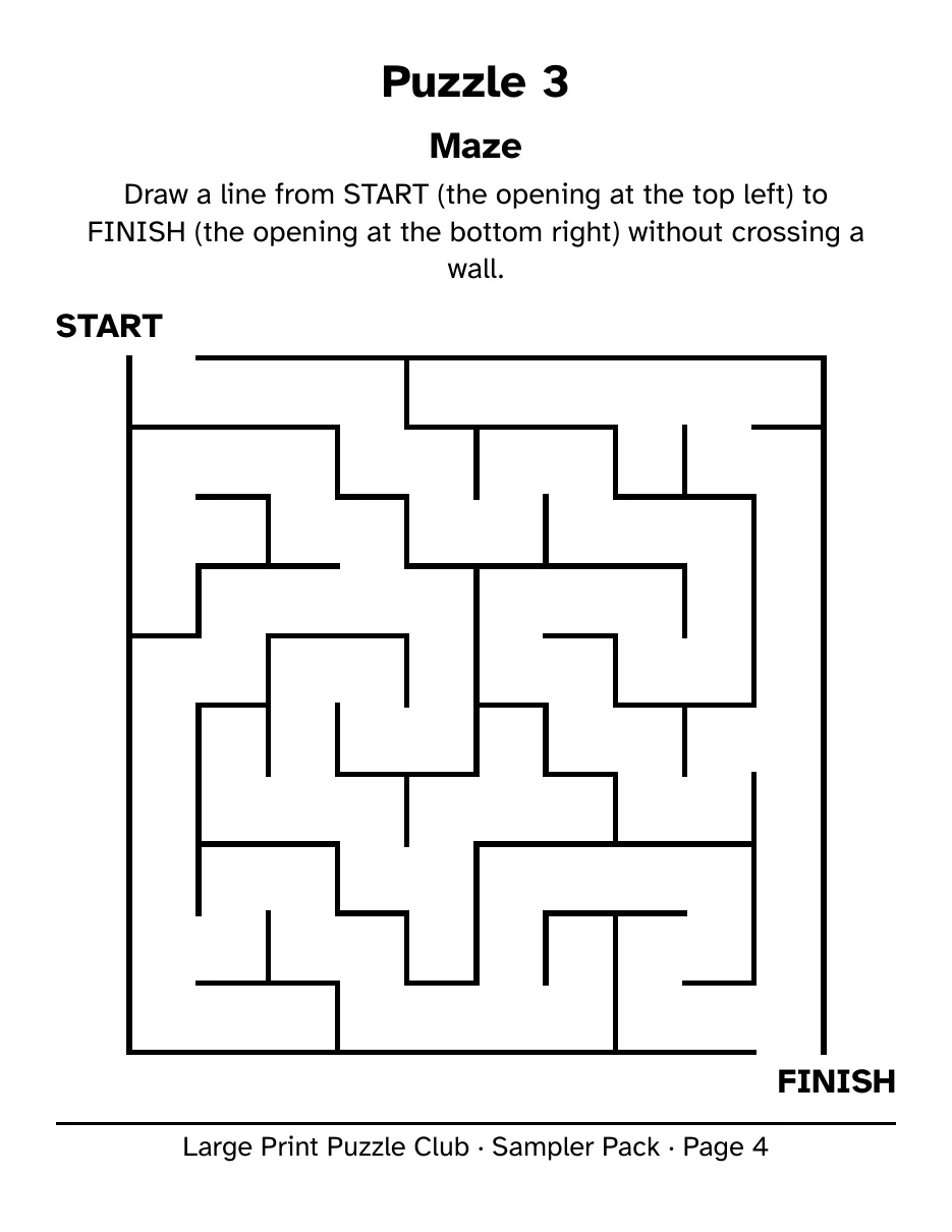A page from the free sampler: a maze with bold walls, START at the top left and FINISH at the bottom right