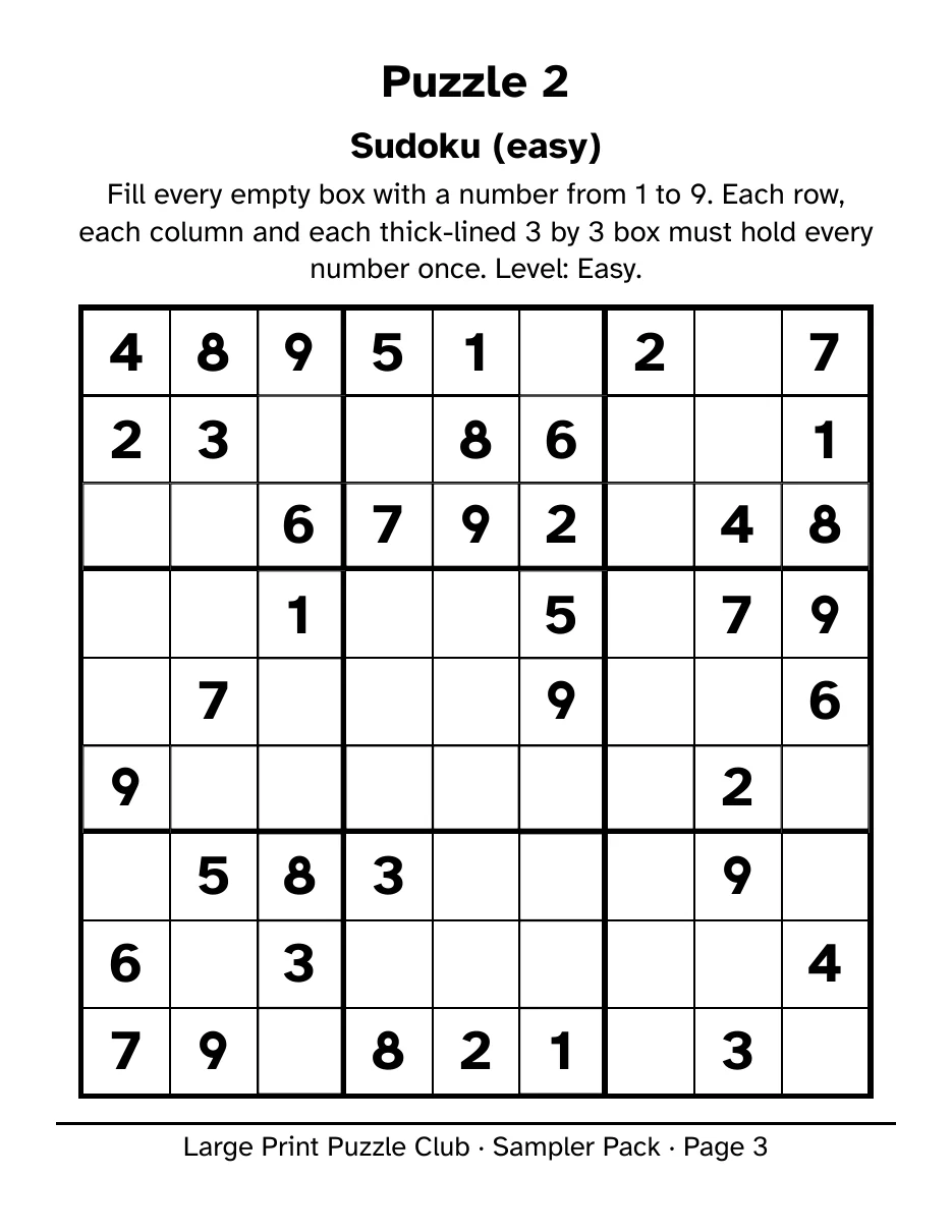 A page from the free sampler: a large print 9 by 9 sudoku, easy level