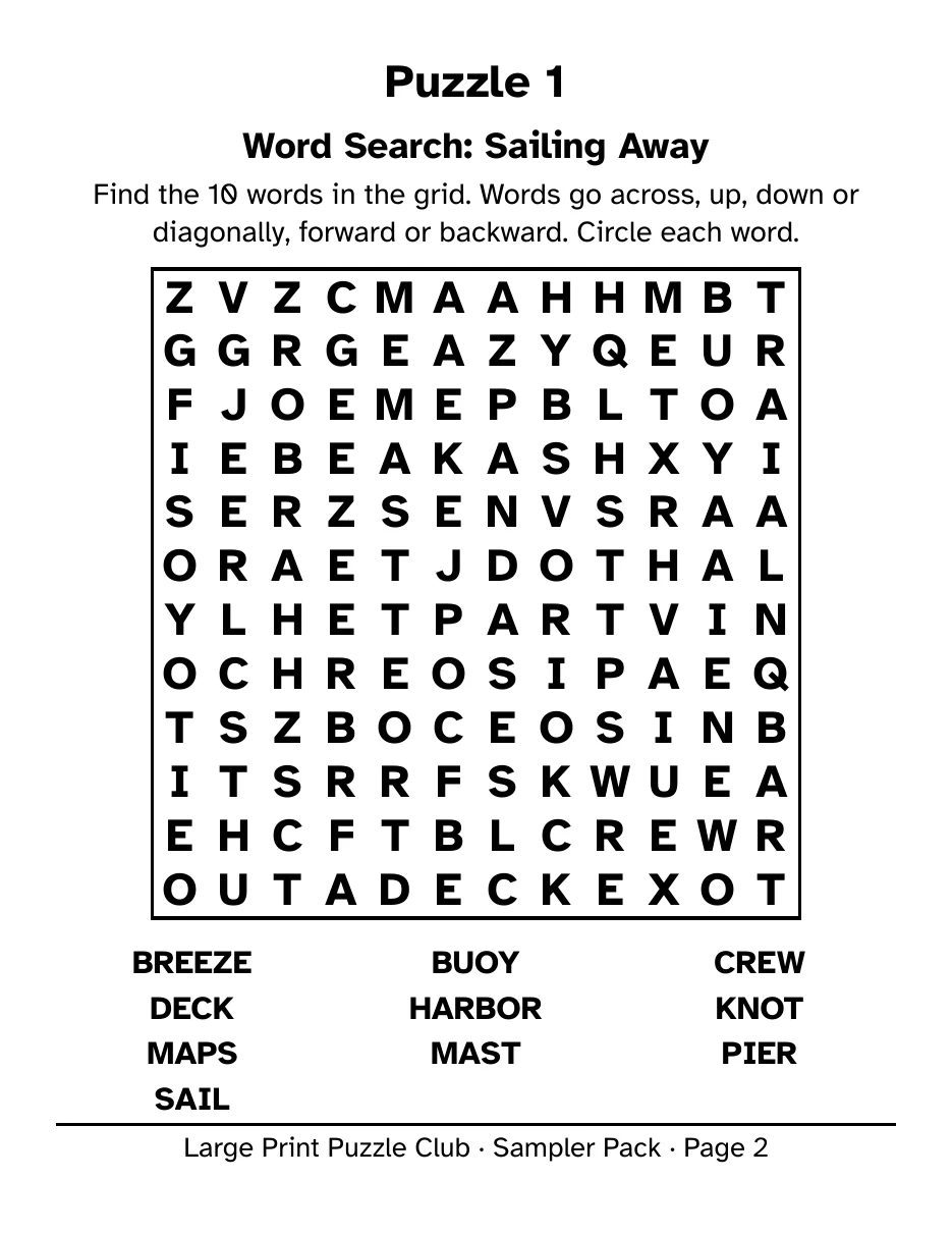 A page from the free sampler: the Sailing Away word search, with a 12 by 12 letter grid and 10 words listed below